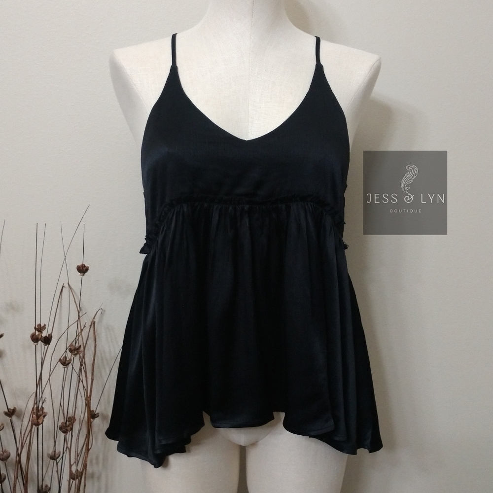 🆕 Black Flowy Babydoll Boho Tank w/Adjustable Straps - Picture 3 of 16